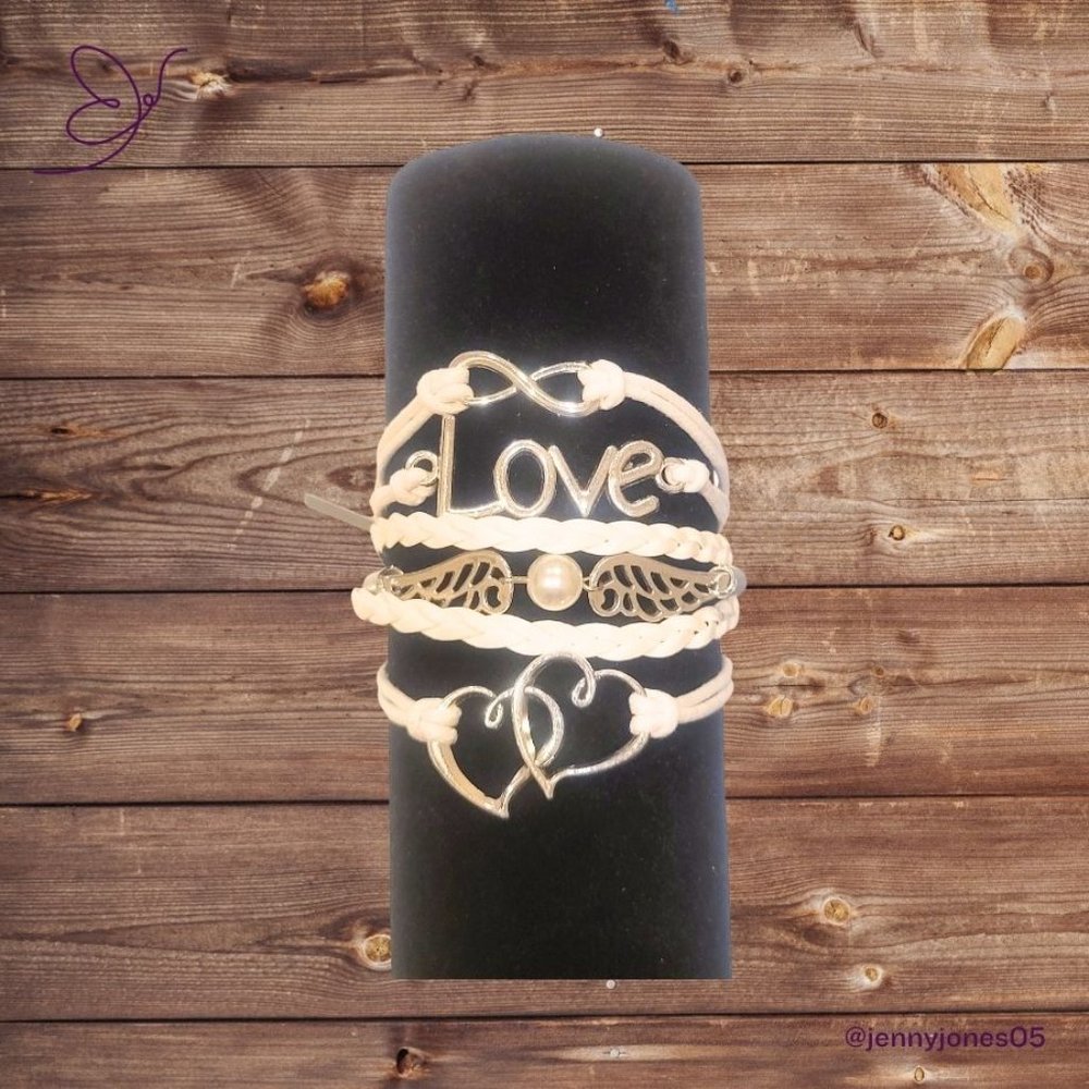 White Silver Faux Leather Layered Bracelet Infinity Love Wings Hearts Gift NWOT